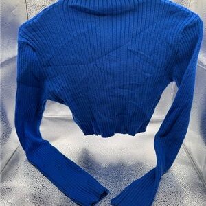 Blue Ribbed Knit Cropped Sweater